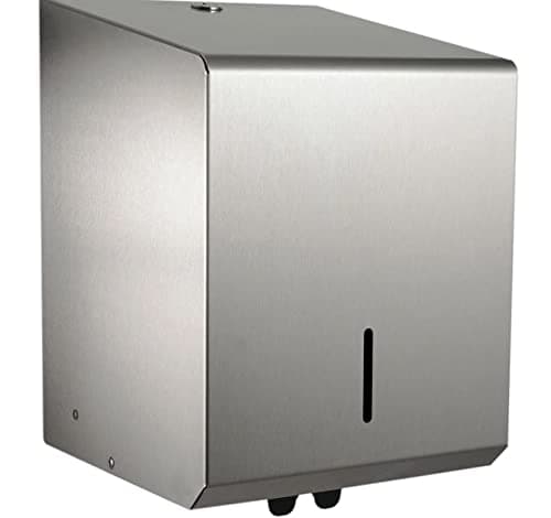 Image of British steel metal centre feed paper towel dispenser. Rust proof stainless steel to dispense standard centrefeed roll paper. Lockable and robust ideal for commercial washrooms (Polished Steel)