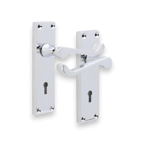 Image of Infinity Decor Set of Polished Chrome Victorian Scroll Lever Lock Door Handle on Rectangular Backplate – Keyhole Lever for Interior and Exterior Use