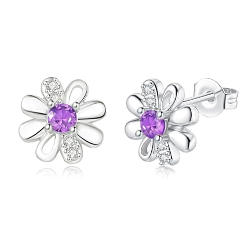 Image of DOA Daisy Sterling Silver Plated Stud Earrings, Silver Earrings With Zircondia Crystals, Yellow/Pink/Green/White/Blue Flower Earring Jewellery Gifts For Girls (Purple)