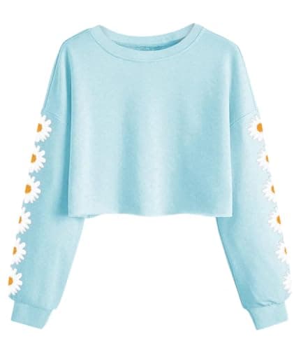 Image of Imily Bela Girls Sweatshirt Daisy Pinted Crop Tops Cute Kids Jumper Long Sleeve Pullover Tee Shirts Clothes(Blue, 7-8 Years)