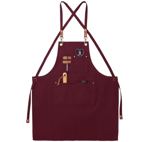 Image of FunChaos Canvas Aprons, Work Aprons for Men Women, Chef Aprons with Adjustable Strap and 3 Pockets, Apron for Servers Kitchen Cooking Baking Artist Painting, Cross Back (Red)