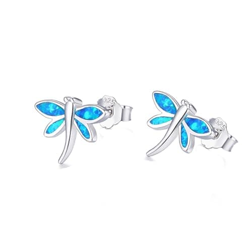 Image of Kaguyo silver Earrings for women, 925 sterling Silver blue/white opal shine cute dragonfly stud earrings for women girls, birthday gift (blue)