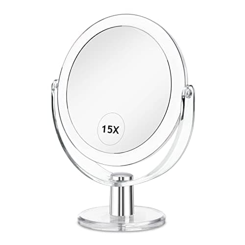 Image of CLSEVXY Vanity Makeup Mirror with Stand, 1X/15X Magnification Double Sided 360 Degree Swivel, Portable Table Desk Counter top Magnifying Mirror, Tabletop Mirror for Bedroom or Dorm Room, 6.25 Inch