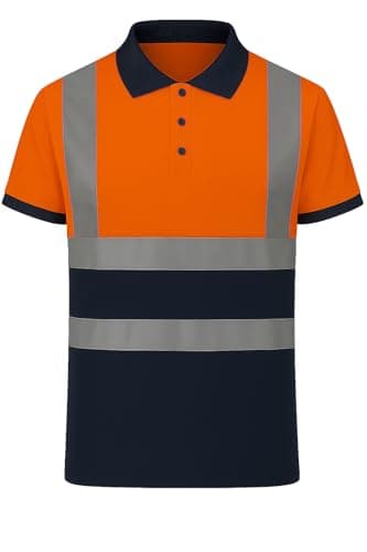Image of NIYS High Visibility Polo Shirt Yellow Orange Navy Safety Security Work Breathable Lightweight Workwear Top Reflective Tape Small to 3XL (UK, Alpha, XL, Regular, Regular, Orange Navy)