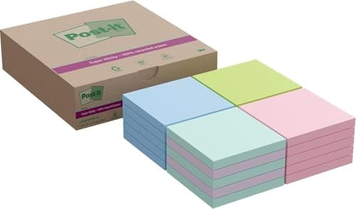 Image of Post-it Super Sticky 100% Recycled Notes, Assorted Colors, Pack of 20 Pads, 70 Sheets per Pad, 76 mm x 76 mm, Blue, Green, Pink Colors - Extra Sticky Notes for Walls, Monitors and Fridge