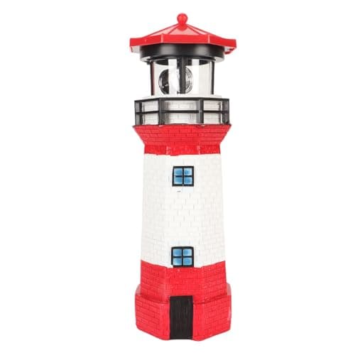 Image of Pssopp Solar Lighthouse Outdoor Garden Decor, 360° Rotating LED Resin Lighthouse Statue with Hand-Painted Finish for Patio Lawn Pathway Balcony Yard Decoration