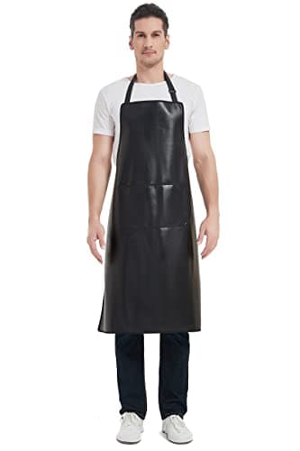 Image of Black Waterproof Apron, Heavy Duty Work Apron, Artificial Leather Aprons Ideal for Chef, Butcher, Barber, DishWashing, Cleaning, Dog Grooming (Black)