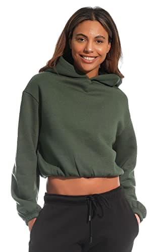 Image of Light & Shade Women's Lslswt021 Women's Cropped Top Hooded Sweatshirt, Dark Green, L UK