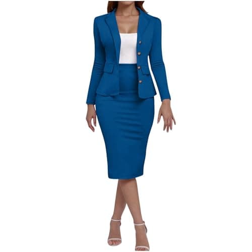 Image of Flodxo Women's Skirt Suits Formal 2 Piece Outfits Business Casual Long Sleeve Blazer and Pencil Midi Skirt Set Smart Suit Jacket Elegant Office Wedding Guests Suits Sets Spring Fall Blue M