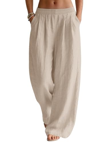Image of Rapbin Wide Leg Trousers for Women UK Fit Linen Pants Ladies Summer Casual Elasticated Trousers with Pockets Khaki L