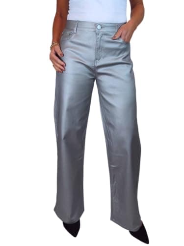 Image of Paulo Due Womens Wide Leg Leather Look Jeans Ladies High Waist Coated Trousers with Pockets Silver 10-20 (14)