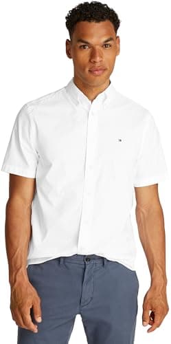 Image of Tommy Hilfiger Men’s Short Sleeve Flex Poplin Solid Shirt, White (Optic White), L