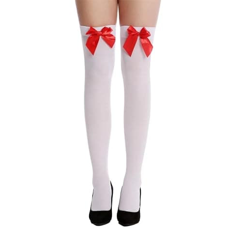 Image of Crazy Chick® Ladies Girls Thigh High Hold Up Stocking With lace Satin Bow Over Knee Socks Daily Dress Party Favours (White With Red Bow)