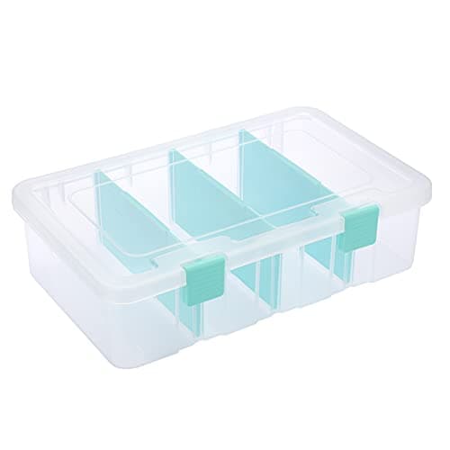 Image of BSTKEY Plastic Clear Blue Storage Container Organizer Box, Home Utility Storage Box with 4 Detachable Compartments, Horizontal