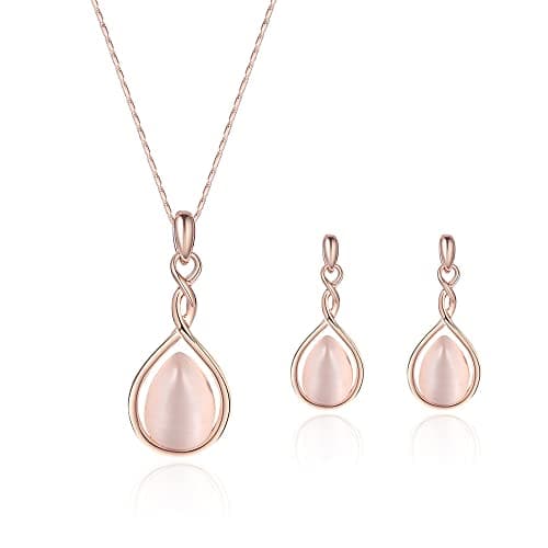 Image of HSAJS Jewellery sets for women Pink Teardrop Pendant Bridal necklace and earring sets Rose Gold Embellished with Opal Fashion Wedding Jewelry Set Gift for Birthday (Pink)