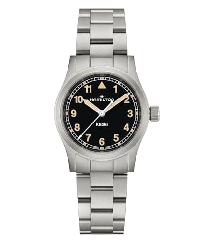 Image of Hamilton Khaki Field Khaki Quartz Men's Watch, 33mm Stainless Steel Case, Swiss Made, Black Dial Analog Wrist Watch for Men, 50m Waterproof, Sapphire Crystal, Stainless Steel Strap
