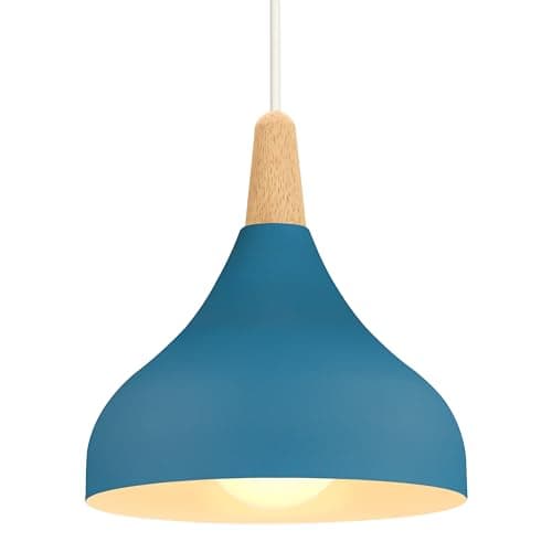 Image of iDEGU Retro Pendant Ceiling Light Modern Drop Style Hat Lampshade E27 Ceiling Light Retro Light Fixture in Metal Wood Pendant Lamp for Bedroom, Dining Room, Kitchen, Φ 20 cm (Oxford Blue)