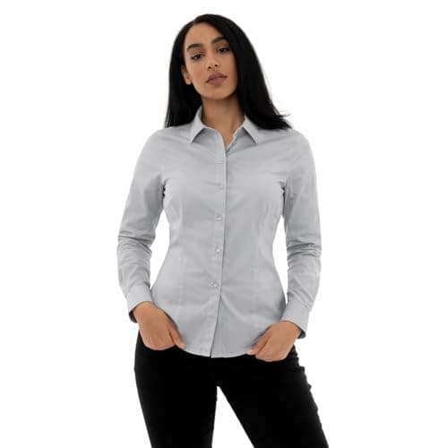 Image of Style It Up Women’s Long Sleeve Tailored Fit Blouse – Ladies Formal Office Button-Down Smart Work Shirt (Light Grey, 18)