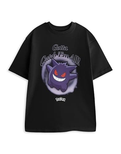 Image of Pokémon Gengar Mens Black Graphic Tee | Short Sleeved T-Shirt with Printed Front Chest Design & Crew Neckline | Gotta Catch Em All Cartoon Character Top | Pokemon Merch - X-Large