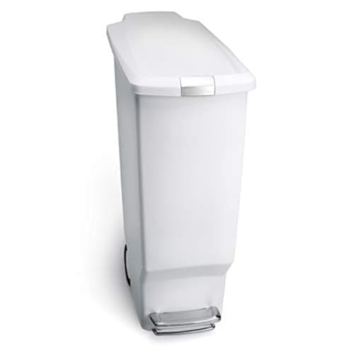 Image of simplehuman CW1362 40L Slim Recycling Kitchen Pedal Bin with Lid Lock, Silent Soft Close Lid, Built In Wheels, Stay-Open Lid, White Plastic, W 26.0cm x H 64.0cm x D 49.0cm