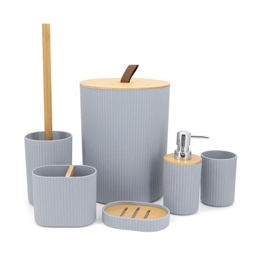 Image of Yuhtech 6 Pieces Bathroom Accessories Set, Bamboo Bathroom Accessory, Bathroom Essentials Set, Modern Plastic Bath Set with Soap Dispenser, Toothbrush Holder Cup, Bathroom Bin and Toilet Brush (Grey)