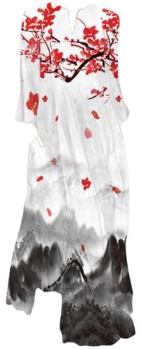 Image of Ocean Plus Women's Dress with Long Skirt with V-Neck Long Sleeves Pockets Long Sleeve Loose Dress (S, Painting of Plum Blossom in Ink)