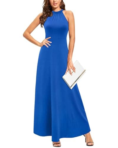 Image of STYLEWORD Women's Royal Blue Sleeveless Off Shoulder Elegant Summer Dress Ladies Halter Neck Maxi Long Dress