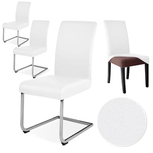 Image of Alishomtll Stretch PU Chair Covers Set of 4 Faux Leather Chair Slipcovers Swing Chair Waterproof Washable Dining Room Chair Covers Chairs Protection for Kitchen Restaurant Hotel Wedding (White, 4pcs)