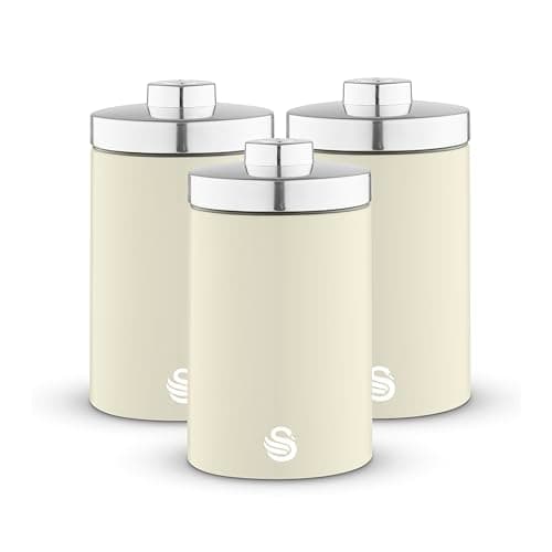 Image of Swan Townhouse Set of 3 Storage Canisters, Stainless Steel, Airtight Lids, Colour Coated Iron and Chrome Accents, 1.6L, Cream