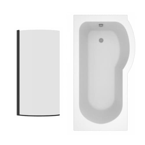 Image of Aquariss 1500mm Right Hand P Shape Shower Bath with Glass Shower Screen, Gloss White Soaking Acrylic Baths, Height Adjustable Feet
