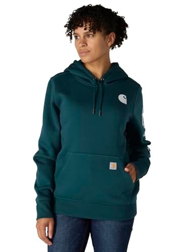Image of Carhartt Clarksburg Sleeve Logo Hooded Sweatshirt Women's Pullover, Greenstone, S