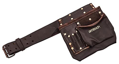 Image of Amtech Heavy Duty Multi-Pocket Tool & Nail Pouch, Oil-Tanned Leather with 6 Pockets and Hammer Loop for DIY, Carpentry and Construction Tasks.
