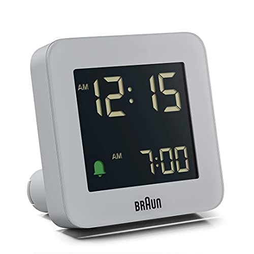 Image of Braun Digital Alarm Clock with Snooze, Negative LCD Display, Quick Set, Crescendo Beep Alarm in Grey, model BC09G.