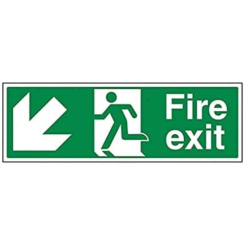 Image of V Safety Fire Exit Arrow Down Left Sign - Landscape - 450mm x 150mm - 1mm Rigid Plastic, Green