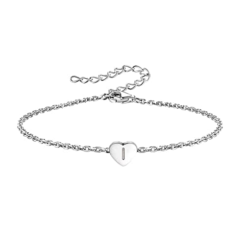 Image of KunBead Jewelry Silver Initial I Letter Bracelet Love Heart Charm Stainless Steel Birthday Jewellery Gift Bracelets for Women