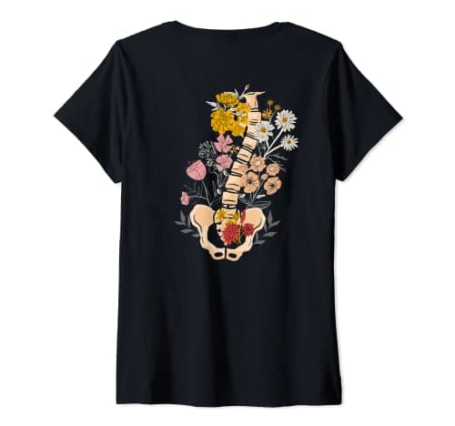 Image of Womens Backbone Spine Flowers Floral Orthopedic Radiology Tech V-Neck T-Shirt