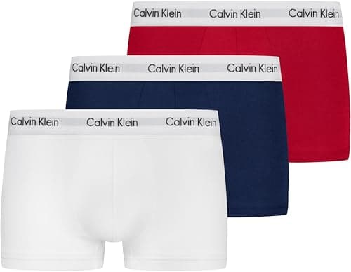 Image of Calvin Klein Men’s 3 Pack Low Rise Trunks, Multicolour (White/Red Ginger/Pyro Blue), L