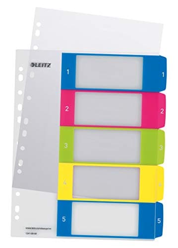 Image of Leitz 12410000 A4 WOW 1-5 Index, PC-Printable, Extra Wide, Heavy Duty Plastic, White/Multicolour