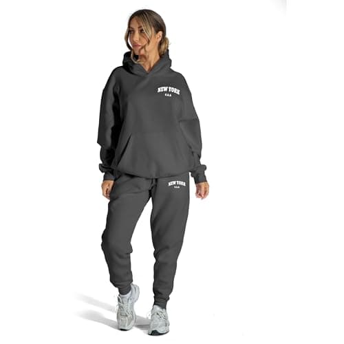 Image of Lang Horn Tracksuit Womens Full Set Uk With Pocket 2 Piece Hooded Oversized Letter Print Lounge Wear Sweatsuits Jogger Set Ladies Gym Activewear Medium Charcoal