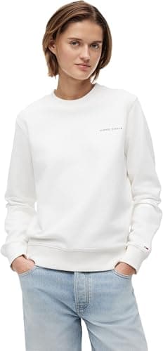 Image of Tommy Jeans Women's Tjw Reg Ess Logo 1 Crew Ext DW0DW22829 Pullover Sweatshirt, White (Ecru), XS