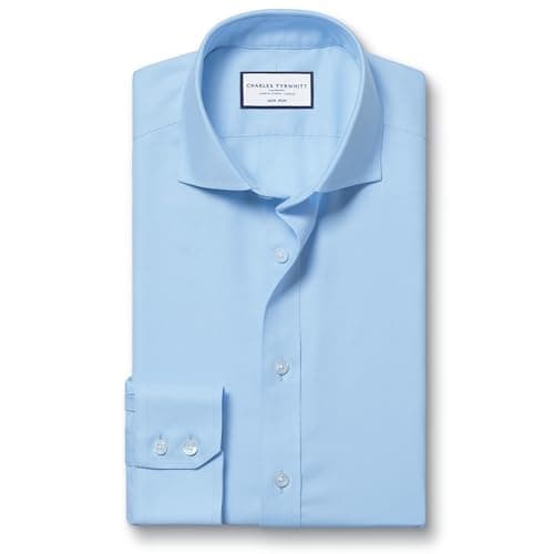 Image of Charles Tyrwhitt Shirts for Men - Sky Blue Non Iron with 100% Cotton Twill - Formal Dress Shirt for Work, Business & Weddings - Extra Slim Fit with Cutaway Collar