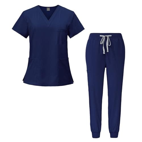 Image of Meichoon Women's Scrub Suit Set V-Neck Top and Drawstring Tapered Legs Ultra Soft and Quick Drying Short Sleeve Q-DK05 Navy Blue Small
