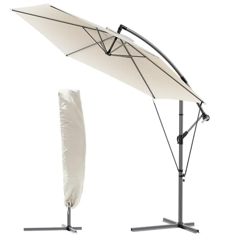 Image of VOUNOT® 3m Cantilever Garden Parasol, Banana Patio Umbrella with Crank Handle, Wind Protection Strap and Tilt for Outdoor Sun Shade, Beige