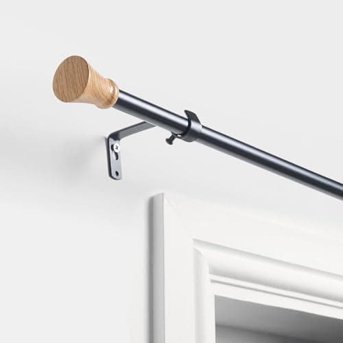 Image of OHS Curtain Pole Wooden Trumpet, 120-220cm Extendable Curtain Poles with Brackets and Finials Metal Adjustable Curtain Rod Easy Install Curtain Pole for Windows, Black/Natural