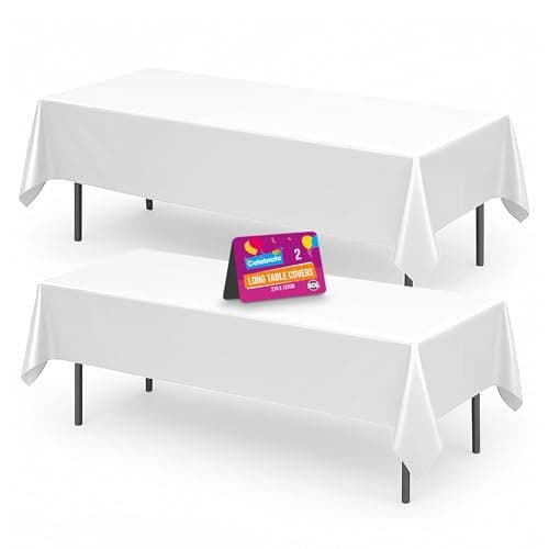 Image of SOL 2pk Long White Table Cloth Party 274x137cm Plastic Cover Disposable Tablecloths for Parties - Heavy Duty Spill Protection - Opaque Design for Weddings, Buffets, Catering, Outdoor & Theme Events