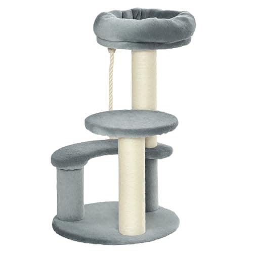 Image of Pawhut 65 cm Cat Tree Kitty Scratcher Kitten Activity Center Scratching Post Playhouse 2 Perch w/Hanging Sisal Rope Grey
