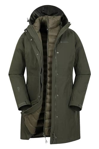 Image of Mountain Warehouse Alaskan Womens 3 In 1 Long Jacket - Waterproof, Breathable, Adjustable Raincoat, Detachable Inner Coat & Taped Seams - Spring Summer, Outdoors Khaki Women's Size 16