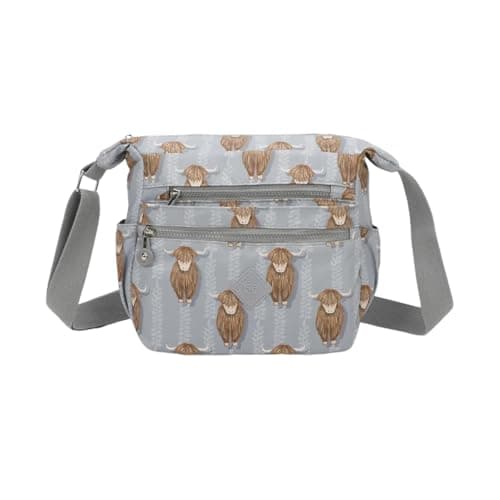 Image of YDezire Animal Print Cross body Shoulder Bags Women, Nylon Crossbody Bag with Adjustable Shoulder Strap, Lightweight Waterproof Handbags for Women, Travel Handbags (Grey Highland Cow)