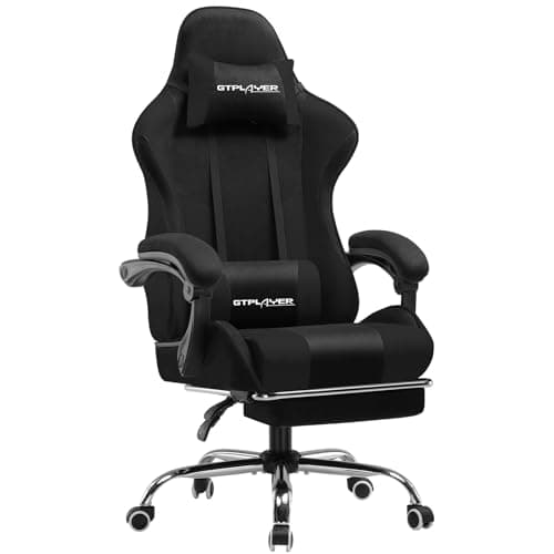 Image of GTPLAYER Fabric Gaming Chair, Massage Ergonomic Computer Chair with Footrest, Lumbar Support, Headrest, Height Adjustable Home Office Reclining PC Racing Chairs Black