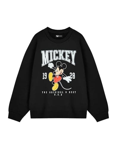 Image of Disney Mickey Mouse Womens Black Sweatshirt | Original 1928 Graphic Crew Neck Long Sleeve | Casual Cartoon Apparel | Everyday Wear | USA Theme Iconic Design